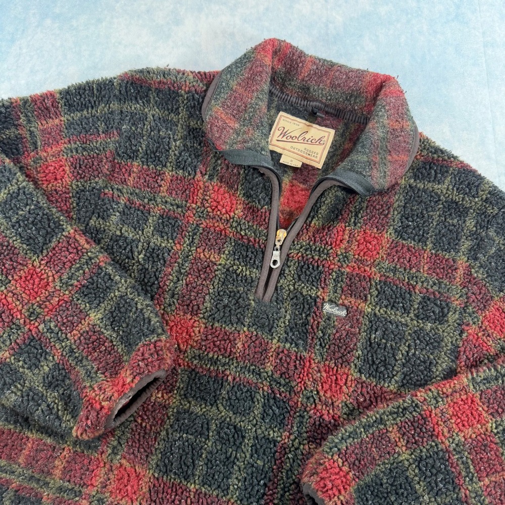 Woolrich Fleece Pullover Mens Small Green Red Excellent Plaid 1/4 Zip USA Made